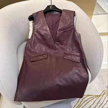Wine Red Genuine Leather Dress Vest for Women Oversized Sleeveless