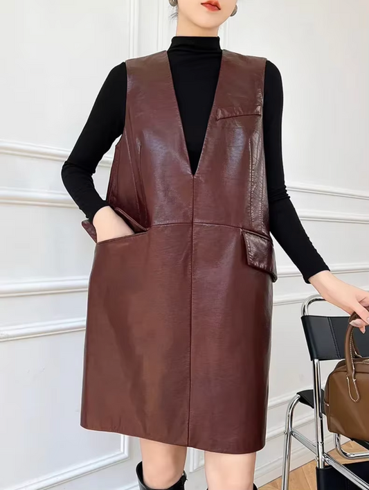 Wine Red Genuine Leather Dress Vest for Women Oversized Sleeveless