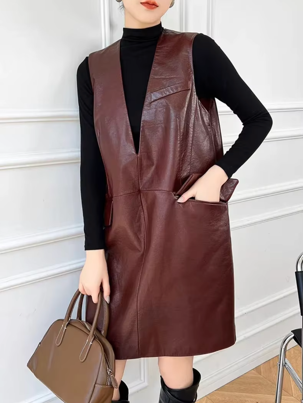 Wine Red Genuine Leather Dress Vest for Women Oversized Sleeveless