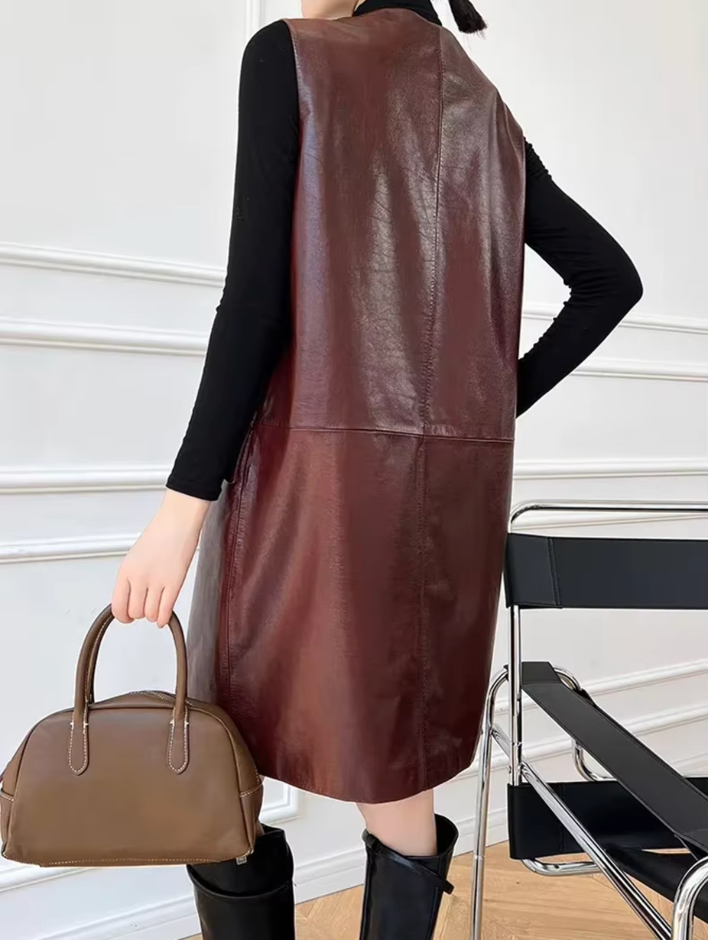 Wine Red Genuine Leather Dress Vest for Women Oversized Sleeveless
