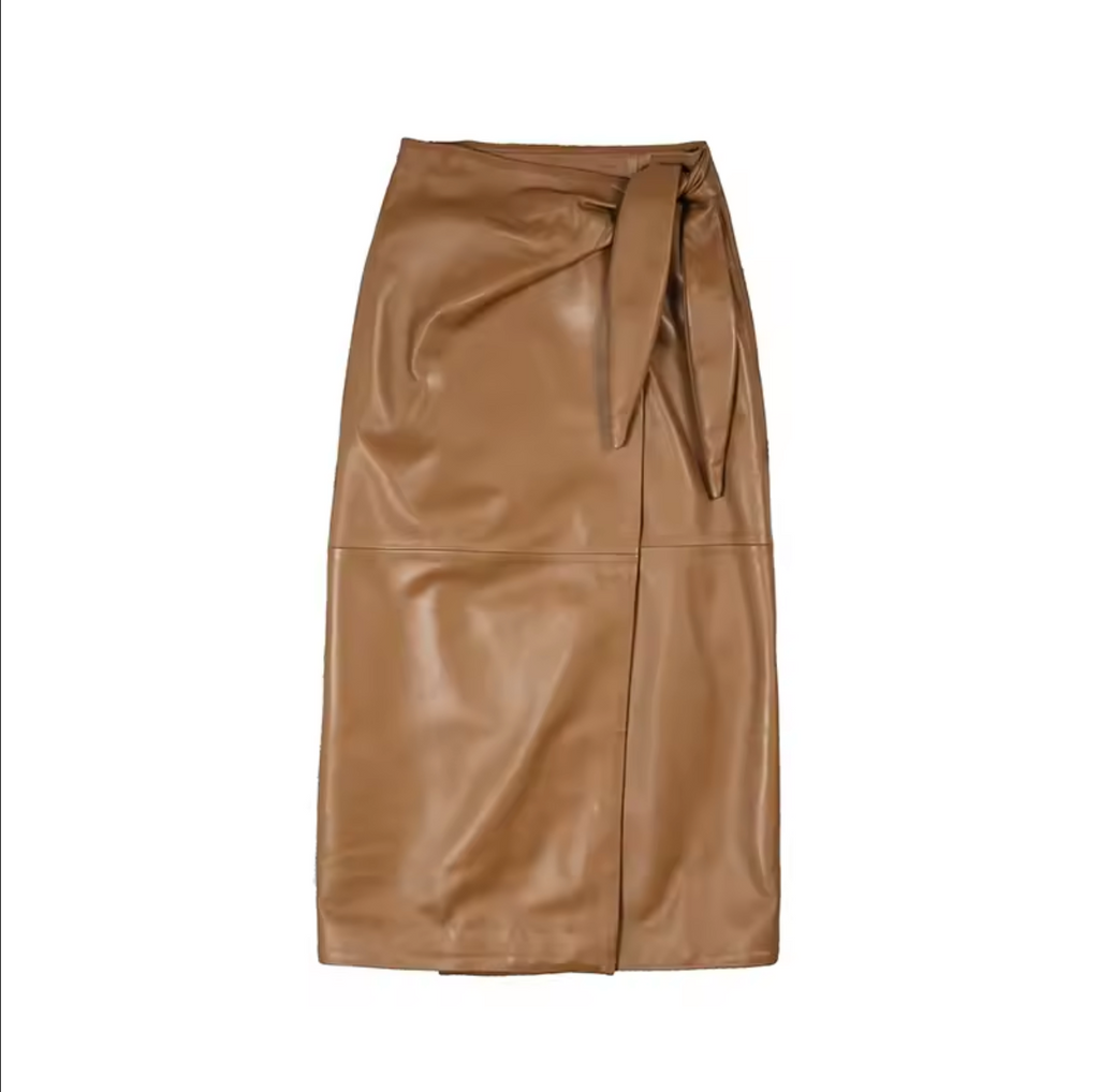 Women’s Real Leather Wrap Skirt Long with Bunny Ear Tie