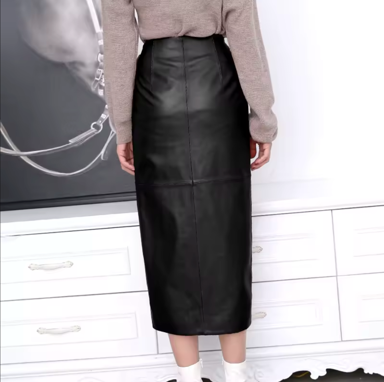 Women’s Real Leather Wrap Skirt Long with Bunny Ear Tie