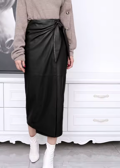 Women’s Real Leather Wrap Skirt Long with Bunny Ear Tie