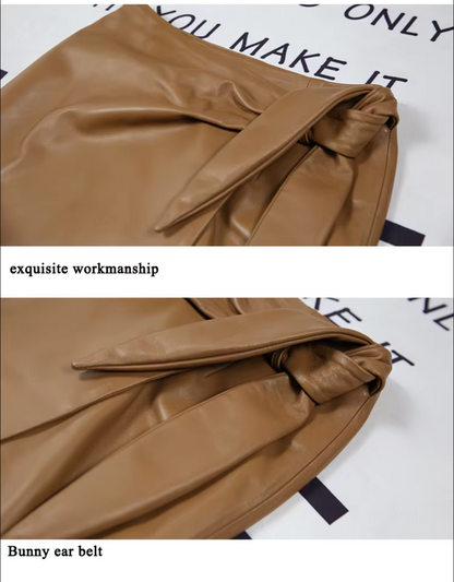 Women’s Real Leather Wrap Skirt Long with Bunny Ear Tie