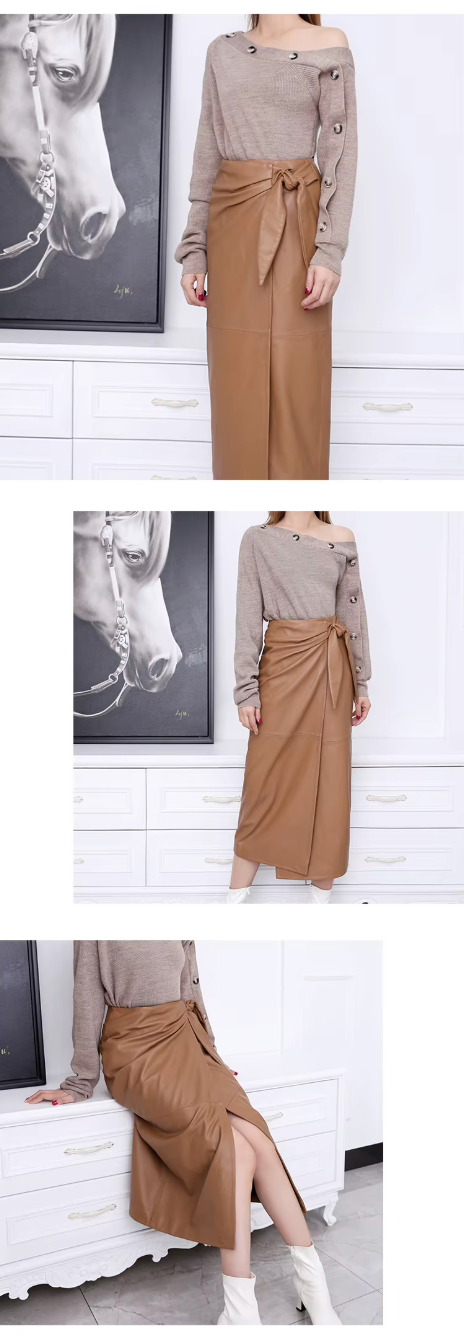 Women’s Real Leather Wrap Skirt Long with Bunny Ear Tie