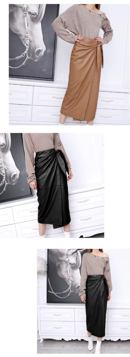 Women’s Real Leather Wrap Skirt Long with Bunny Ear Tie
