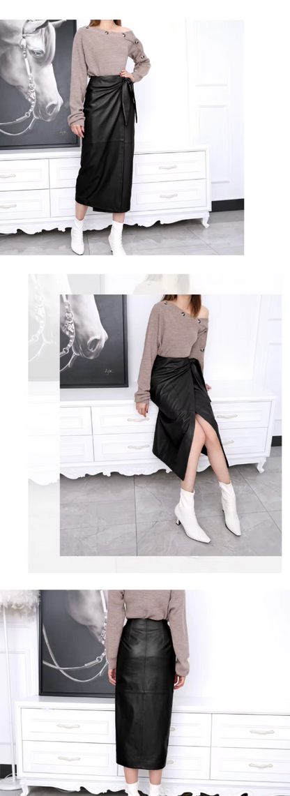 Women’s Real Leather Wrap Skirt Long with Bunny Ear Tie