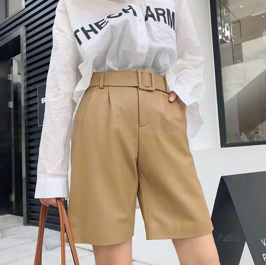 Women Leather Bermuda Shorts with Belt Khaki Midi Above Knee