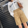 Women Leather Bermuda Shorts with Belt Khaki Midi Above Knee