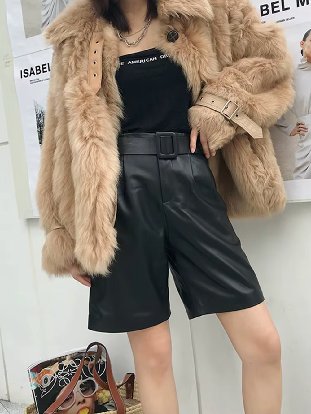 Women Leather Bermuda Shorts with Belt Khaki Midi Above Knee