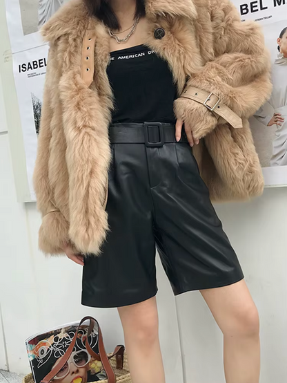 Women Leather Bermuda Shorts with Belt Khaki Midi Above Knee