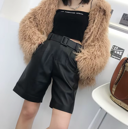 Women Leather Bermuda Shorts with Belt Khaki Midi Above Knee