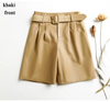Women Leather Bermuda Shorts with Belt Khaki Midi Above Knee
