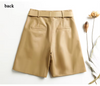 Women Leather Bermuda Shorts with Belt Khaki Midi Above Knee