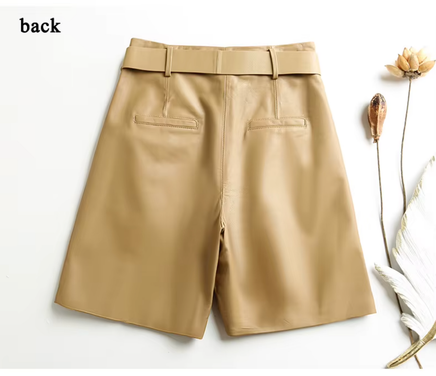 Women Leather Bermuda Shorts with Belt Khaki Midi Above Knee