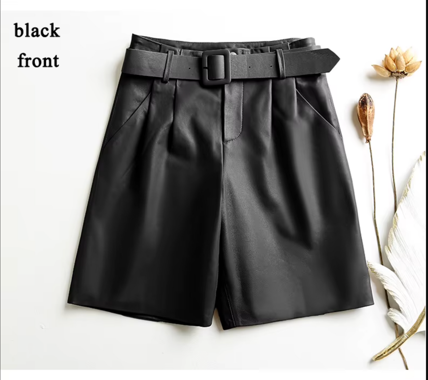 Women Leather Bermuda Shorts with Belt Khaki Midi Above Knee