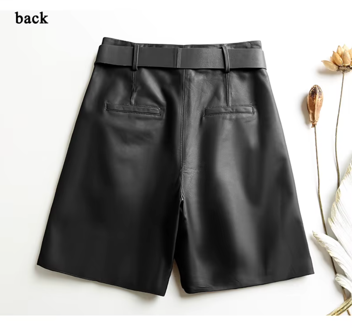 Women Leather Bermuda Shorts with Belt Khaki Midi Above Knee