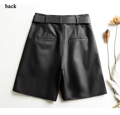 Women Leather Bermuda Shorts with Belt Khaki Midi Above Knee