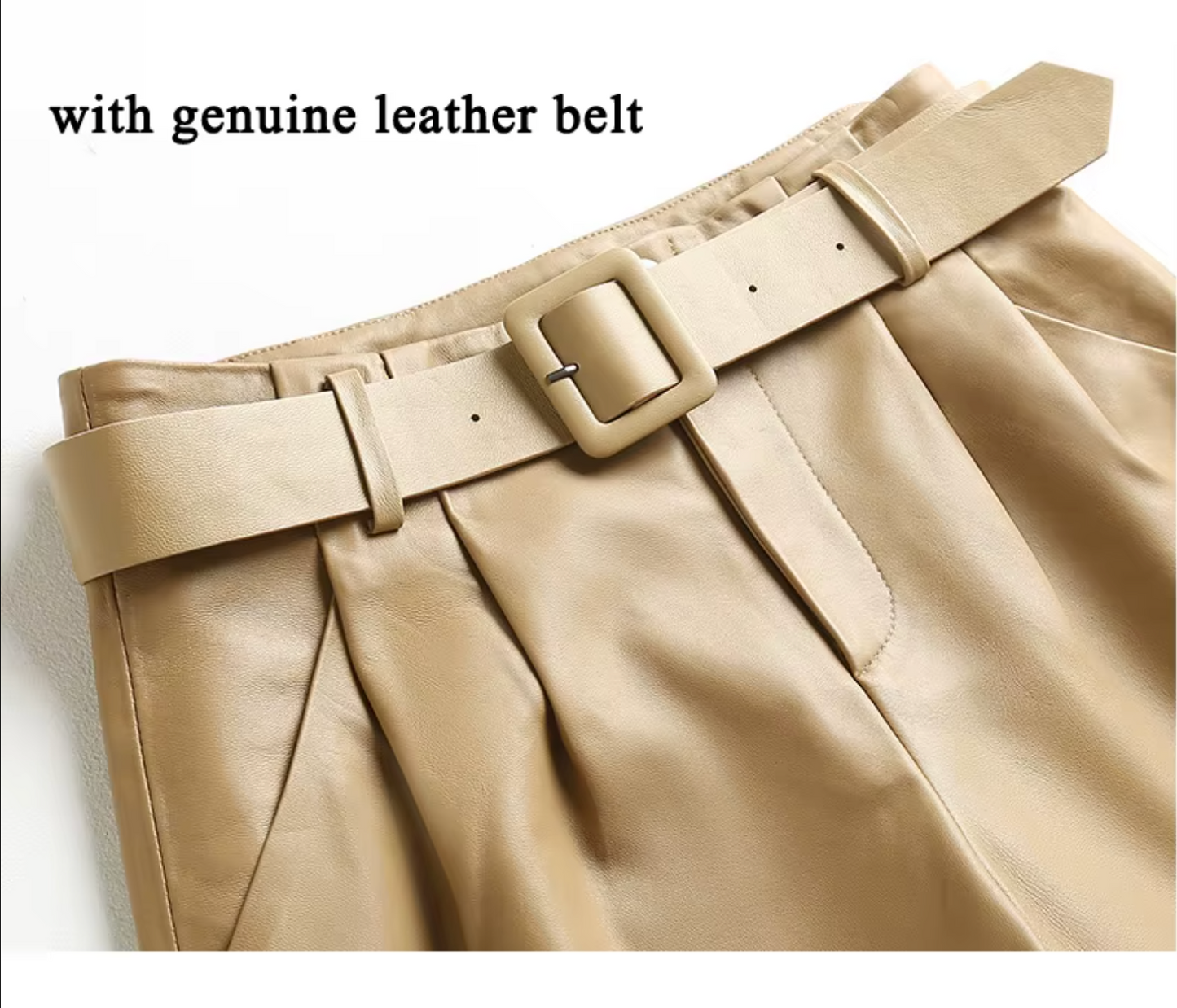 Women Leather Bermuda Shorts with Belt Khaki Midi Above Knee