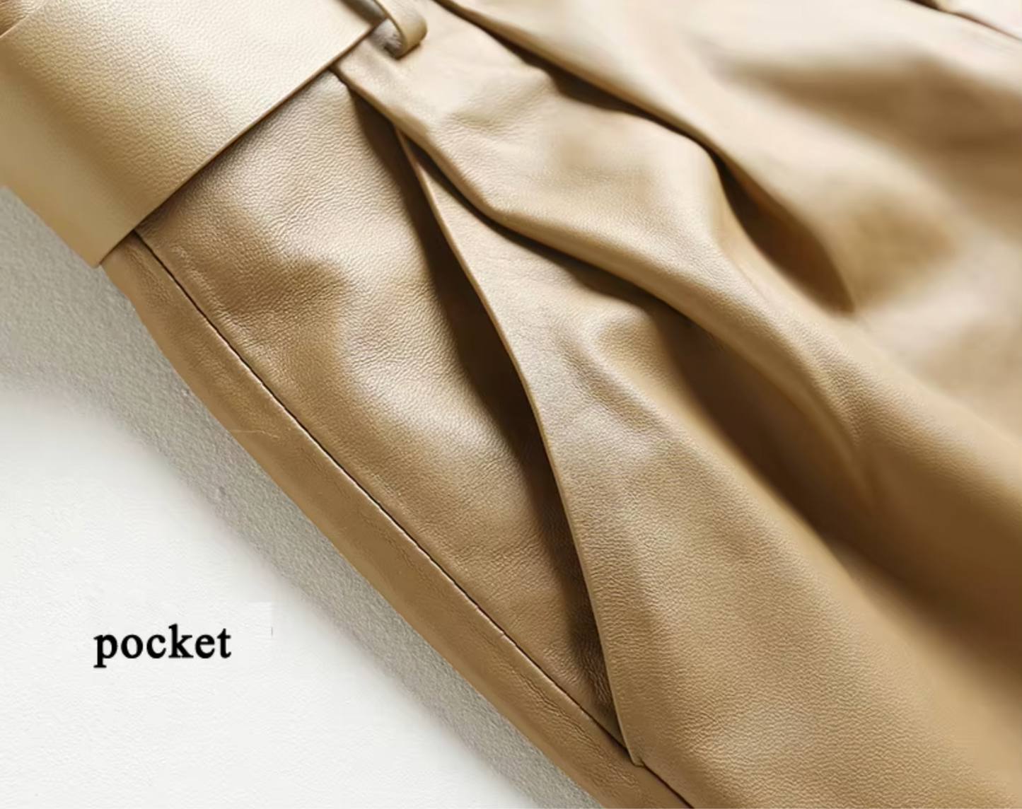 Women Leather Bermuda Shorts with Belt Khaki Midi Above Knee