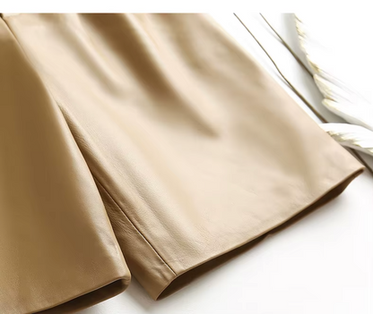 Women Leather Bermuda Shorts with Belt Khaki Midi Above Knee