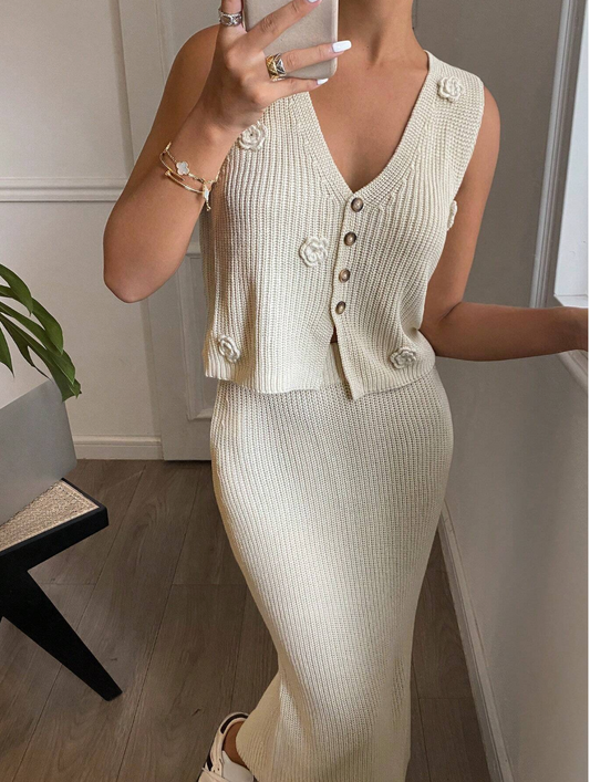 Sleeveless V Neck Button Top with Matching Midi Skirt