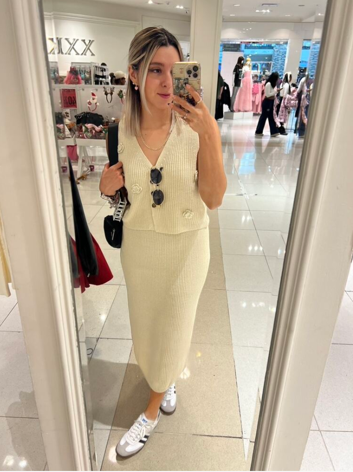 Sleeveless V Neck Button Top with Matching Midi Skirt