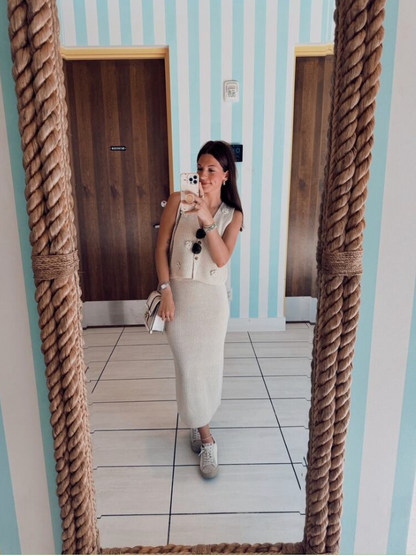 Sleeveless V Neck Button Top with Matching Midi Skirt