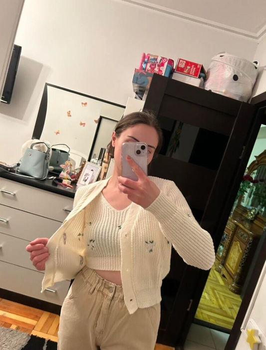 Women’s Knitted Cardigan and Crop Top Set with Embroidery