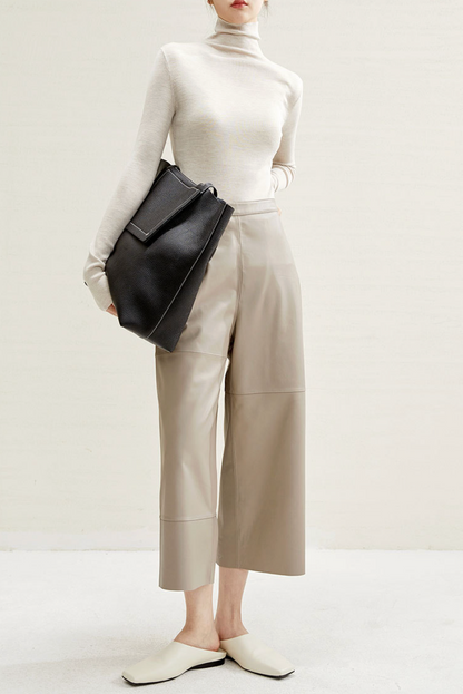 High Rise Leather Elephant Style Pants Straight Leg Midi Culotte