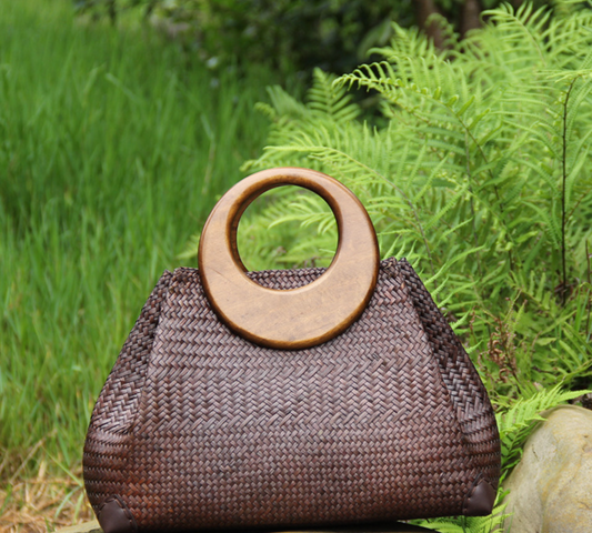 Women Straw Woven Handbag with Wooden Round Handle
