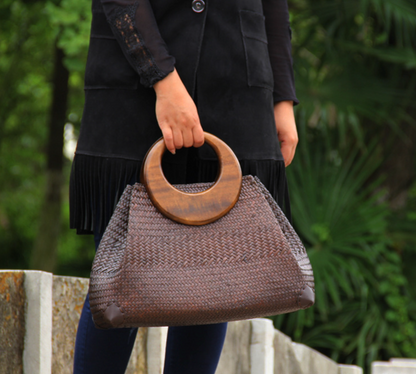 Women Straw Woven Handbag with Wooden Round Handle