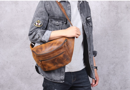 Men’s Crazy Horse Leather Chest Bag Waist Messenger
