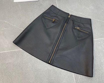 Korean Style Leather A-Line High Waisted With Heart Pockets
