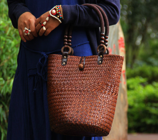 Straw Rattan Bucket Bag with Wooden Bead Handles