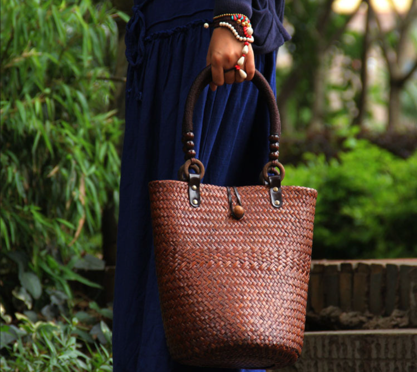 Straw Rattan Bucket Bag with Wooden Bead Handles
