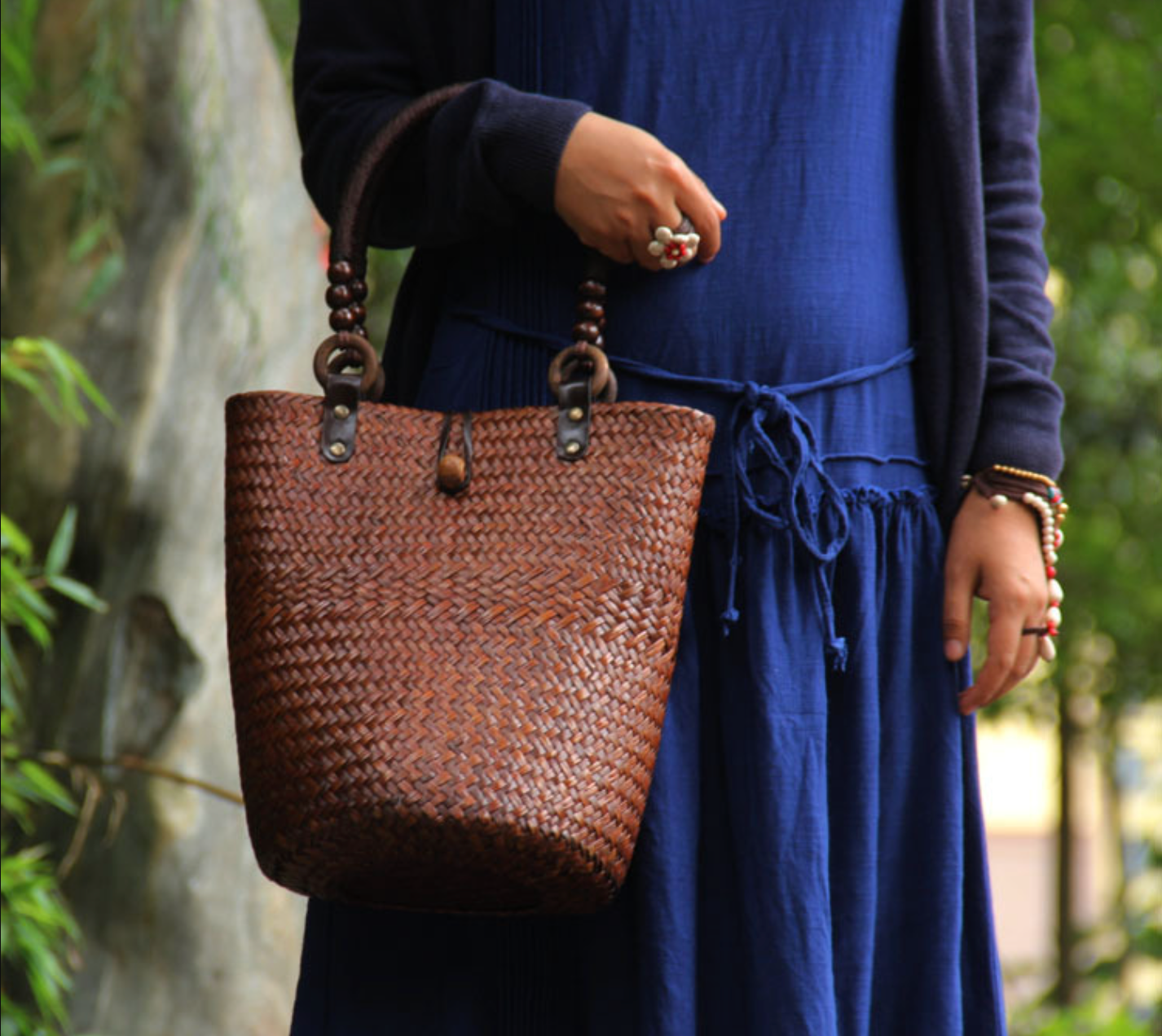 Straw Rattan Bucket Bag with Wooden Bead Handles