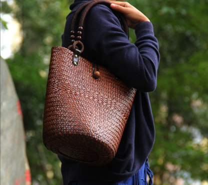 Straw Rattan Bucket Bag with Wooden Bead Handles