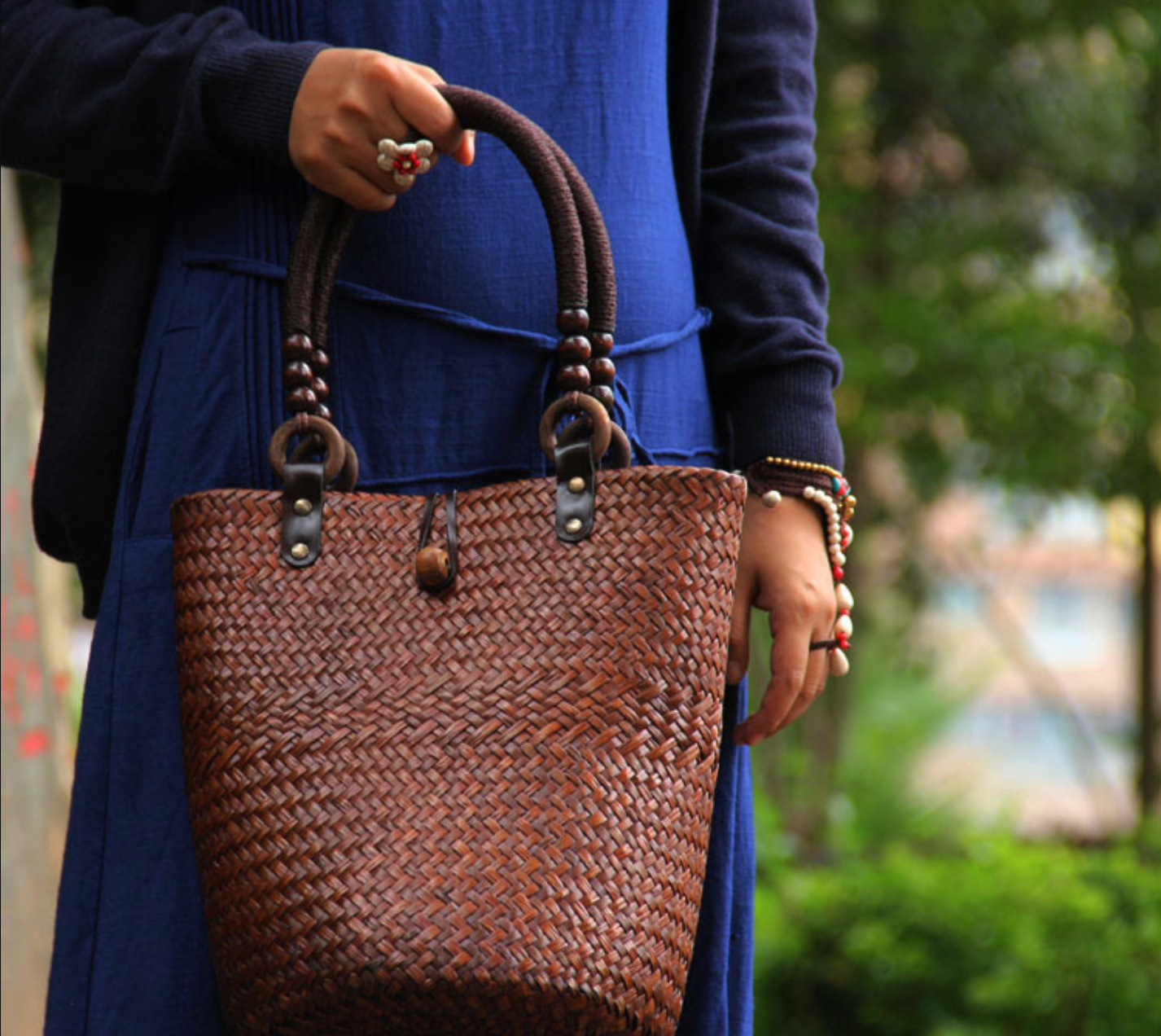 Straw Rattan Bucket Bag with Wooden Bead Handles
