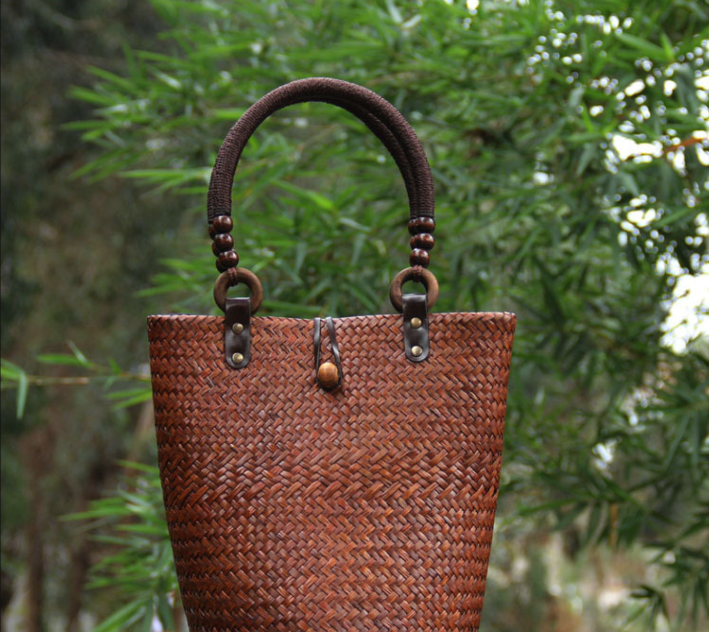 Straw Rattan Bucket Bag with Wooden Bead Handles