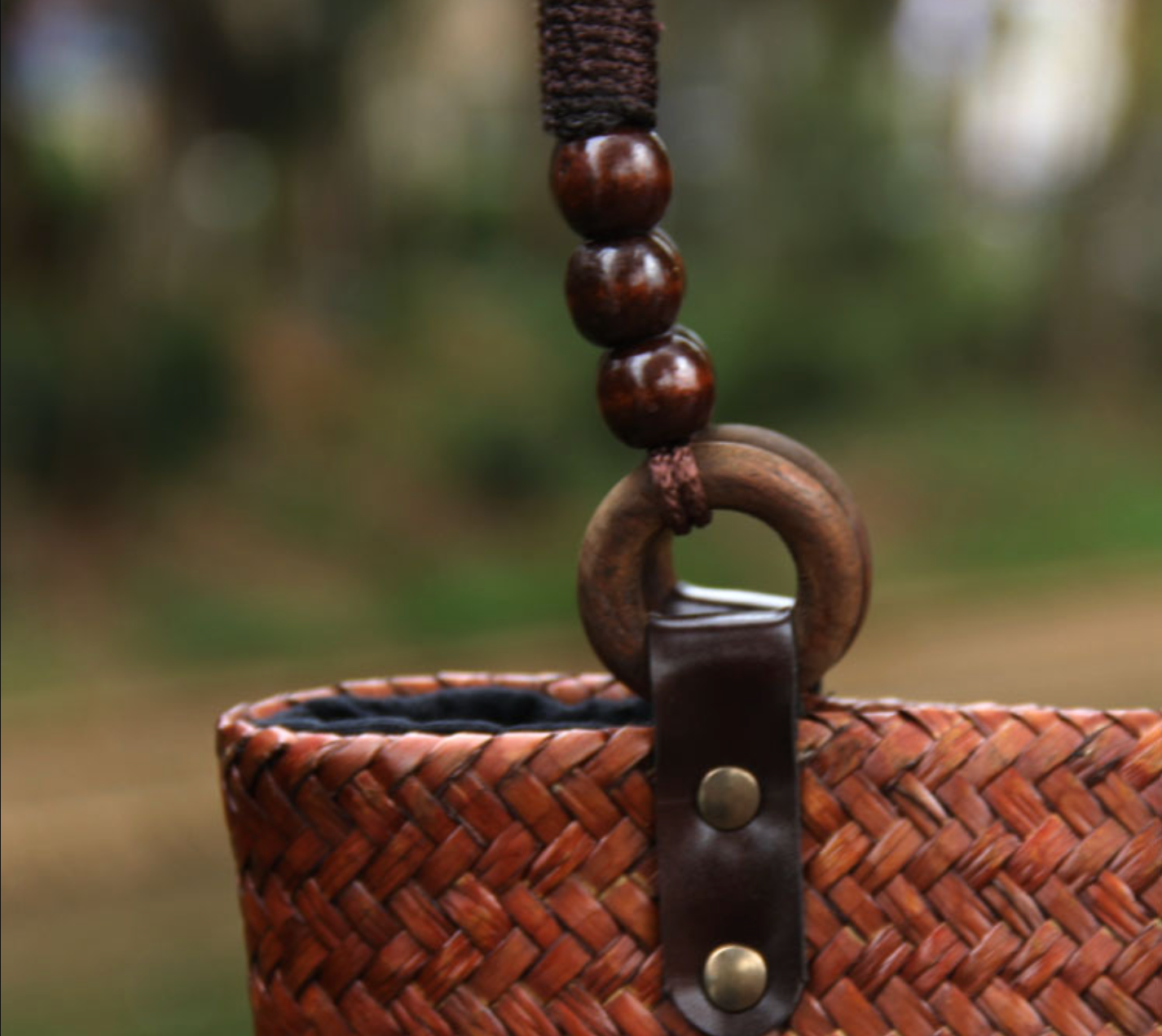 Straw Rattan Bucket Bag with Wooden Bead Handles