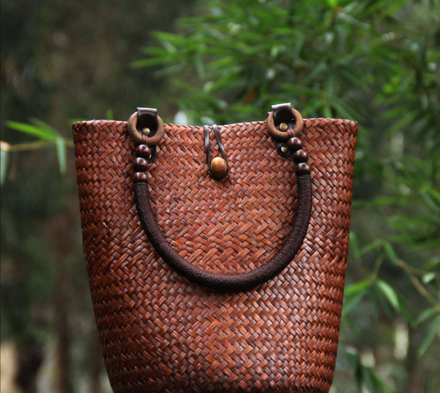Straw Rattan Bucket Bag with Wooden Bead Handles