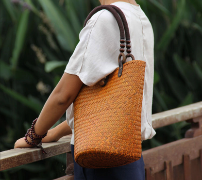 Straw Rattan Bucket Bag with Wooden Bead Handles