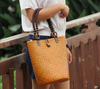 Straw Rattan Bucket Bag with Wooden Bead Handles