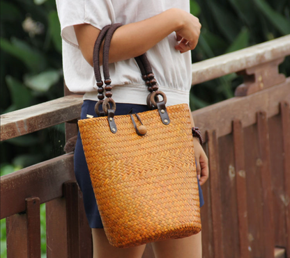 Straw Rattan Bucket Bag with Wooden Bead Handles