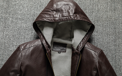 Men Hooded Goatskin Leather Bomber Baseball Jacket