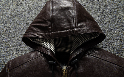 Men Hooded Goatskin Leather Bomber Baseball Jacket