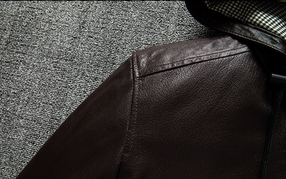 Men Hooded Goatskin Leather Bomber Baseball Jacket