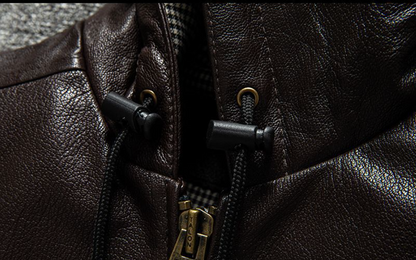 Men Hooded Goatskin Leather Bomber Baseball Jacket