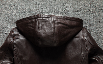 Men Hooded Goatskin Leather Bomber Baseball Jacket